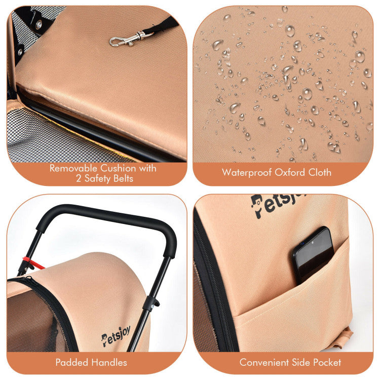 Beige pet stroller with removable cushion and two safety belts, padded cover detail