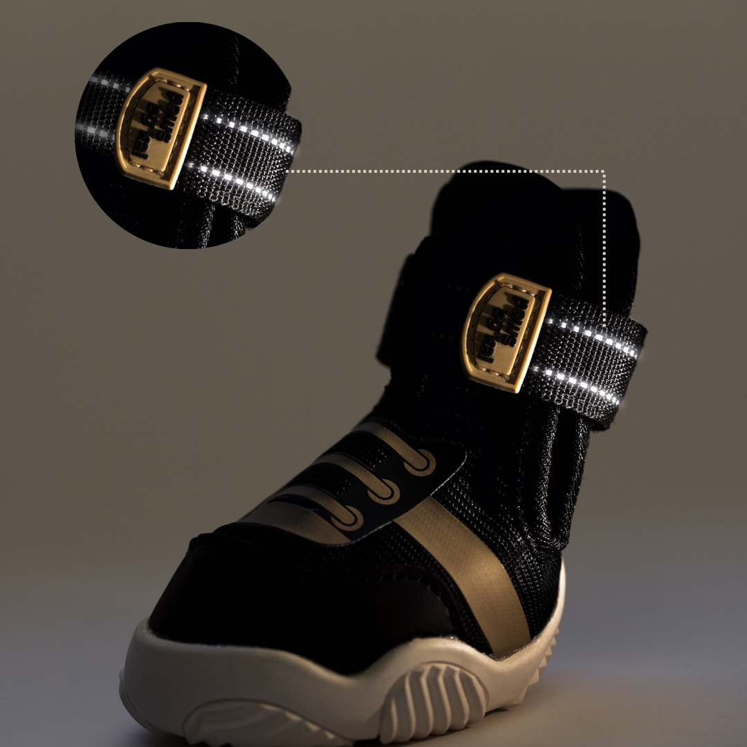 Kai- Dog sneaker in black with tan side panel, Velcro strap, and white sole
