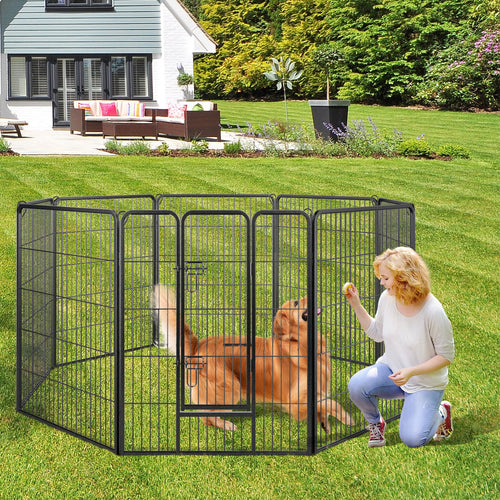 8-panel 40-inch pet fence, black metal dog enclosure with hinged door in yard