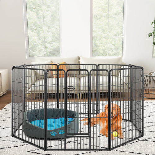 8-panel 40-inch pet fence, black wire dog enclosure inside with two pets