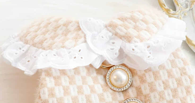 Light coffee check cotton skirt with layered white ruffle trim and faux pearl accents