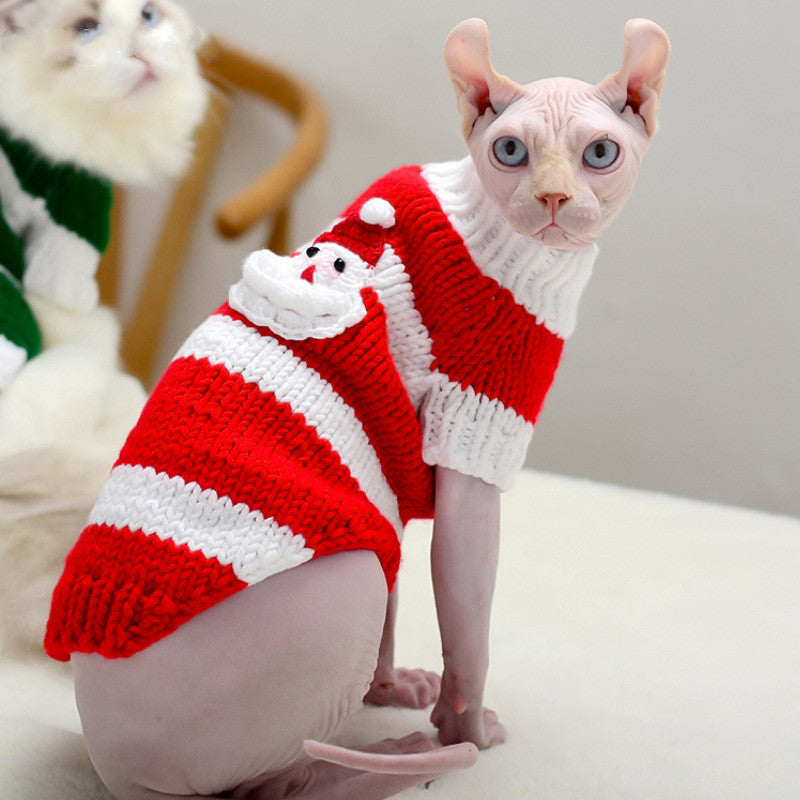 Cat sweater with red and white stripes and a snowman patch, knit turtleneck