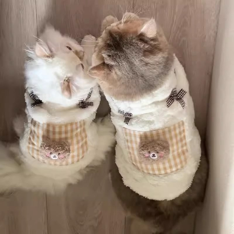 Pair of cat fleece sweaters with bow details and gingham front pockets