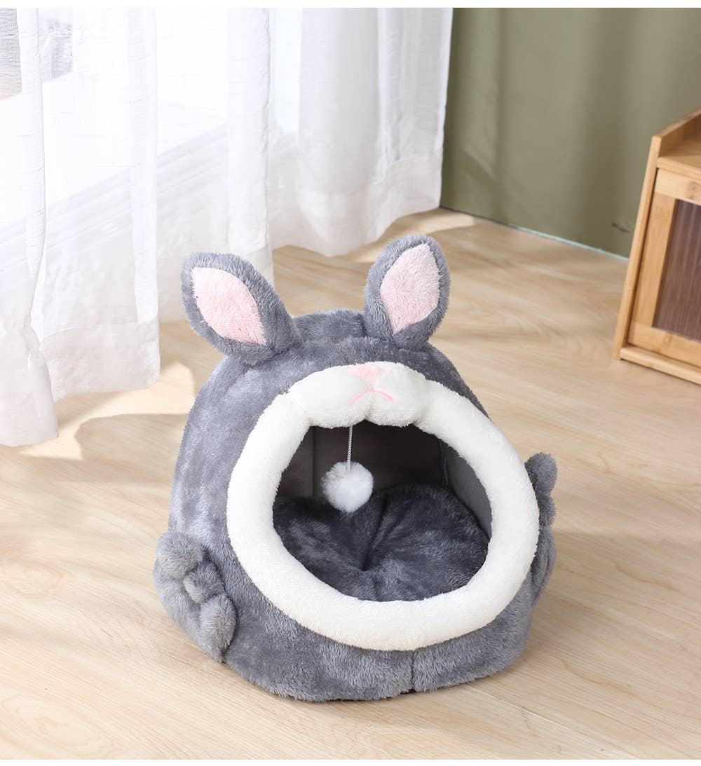 Grey rabbit-shaped cat cave house with circular doorway and fluffy plush rim