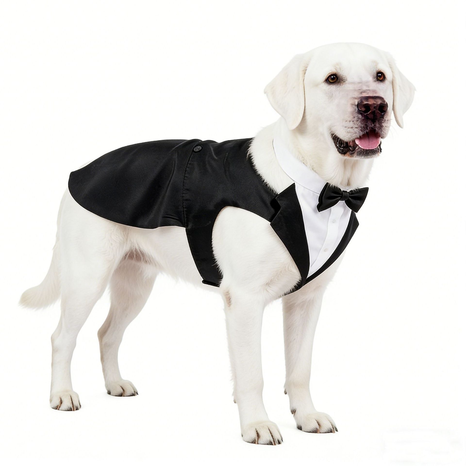 Dog tuxedo coat with black-and-white bib panel and bow tie