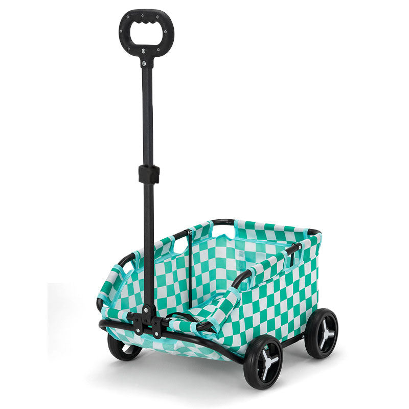 Green and white plaid pet stroller with padded seat, black handle, and four wheels