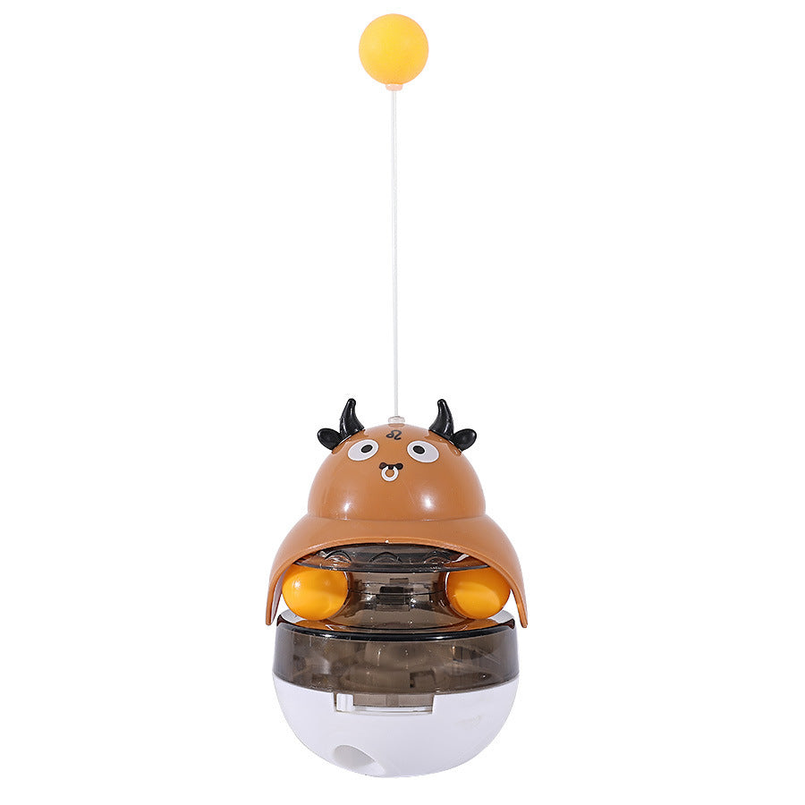 Brown bunny treat dispenser tower toy with hanging yellow ball and orange track balls