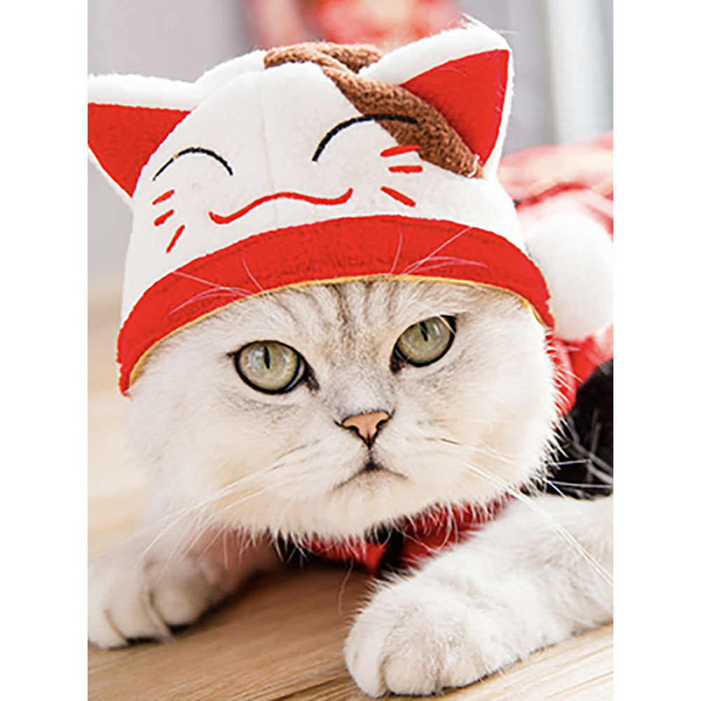 White and red pet cat hood hat with pointed ears and a front opening for the face