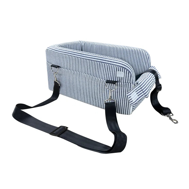 Striped dog car seat carrier with two black safety straps and front hook clips