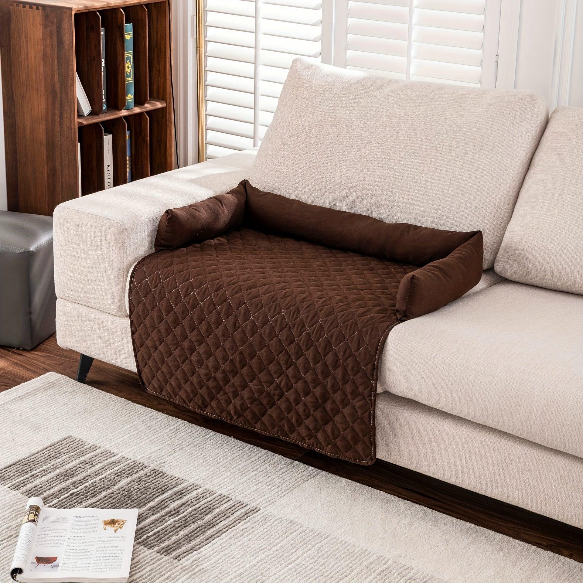 Quilted pet sofa cover mat with brown bolsters, dark brown textured bed panel