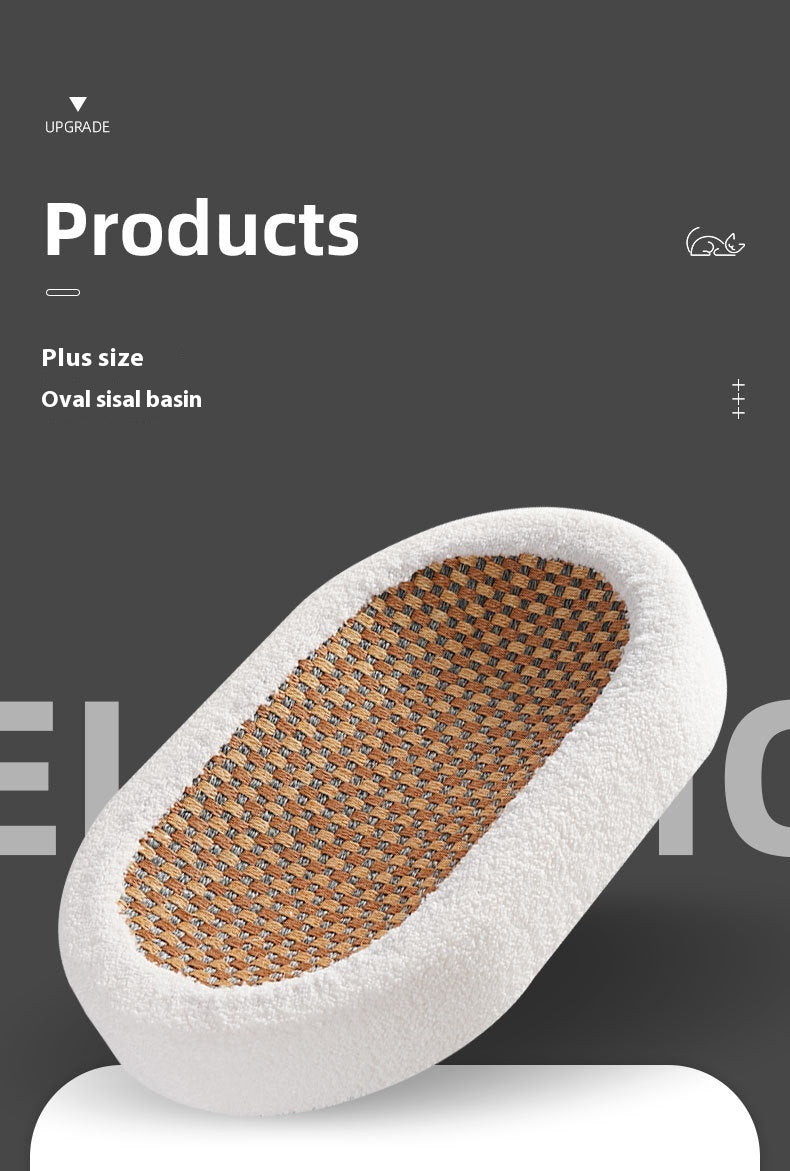 Oval sisal cat basin with white plush padding and orange-brown woven scratching surface