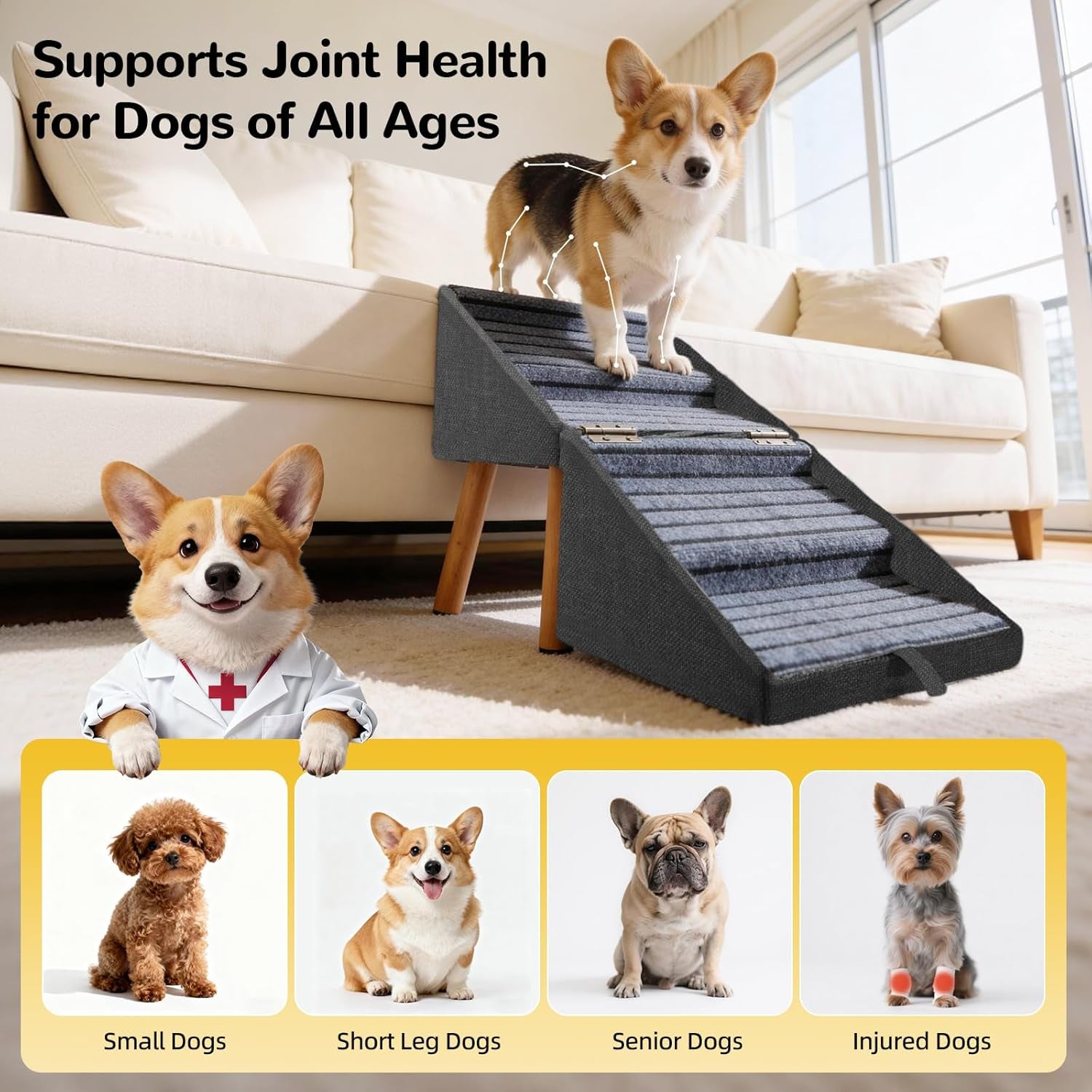 Foldable pet stairs with cushioned non-slip steps, dark blue ramp on wooden legs