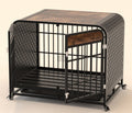 Dog crate furniture table with brown top, black bar door, perforated panels, rolling casters
