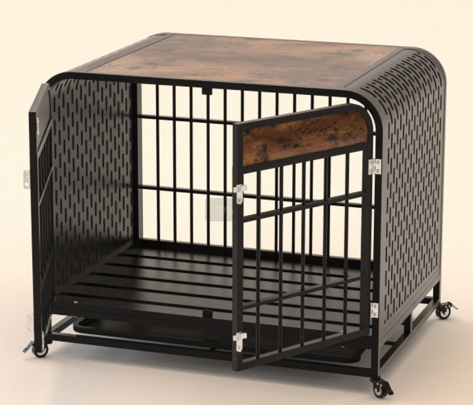 Dog crate furniture table with brown top, black bar door, perforated panels, rolling casters