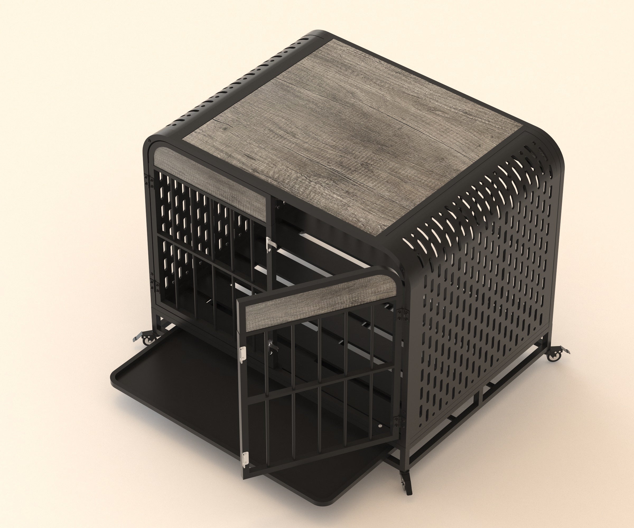 Dog crate table with side door open like a ramp, grey top, black frame, perforated sides, wheels