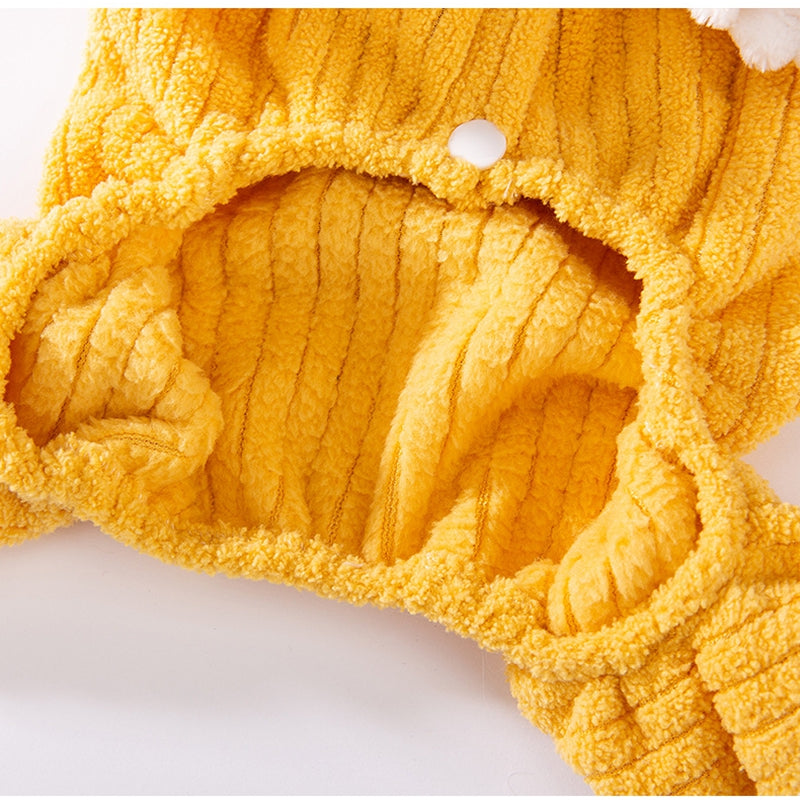 Yellow ribbed fleece pet jumpsuit with fleece-lined interior and ribbed legs