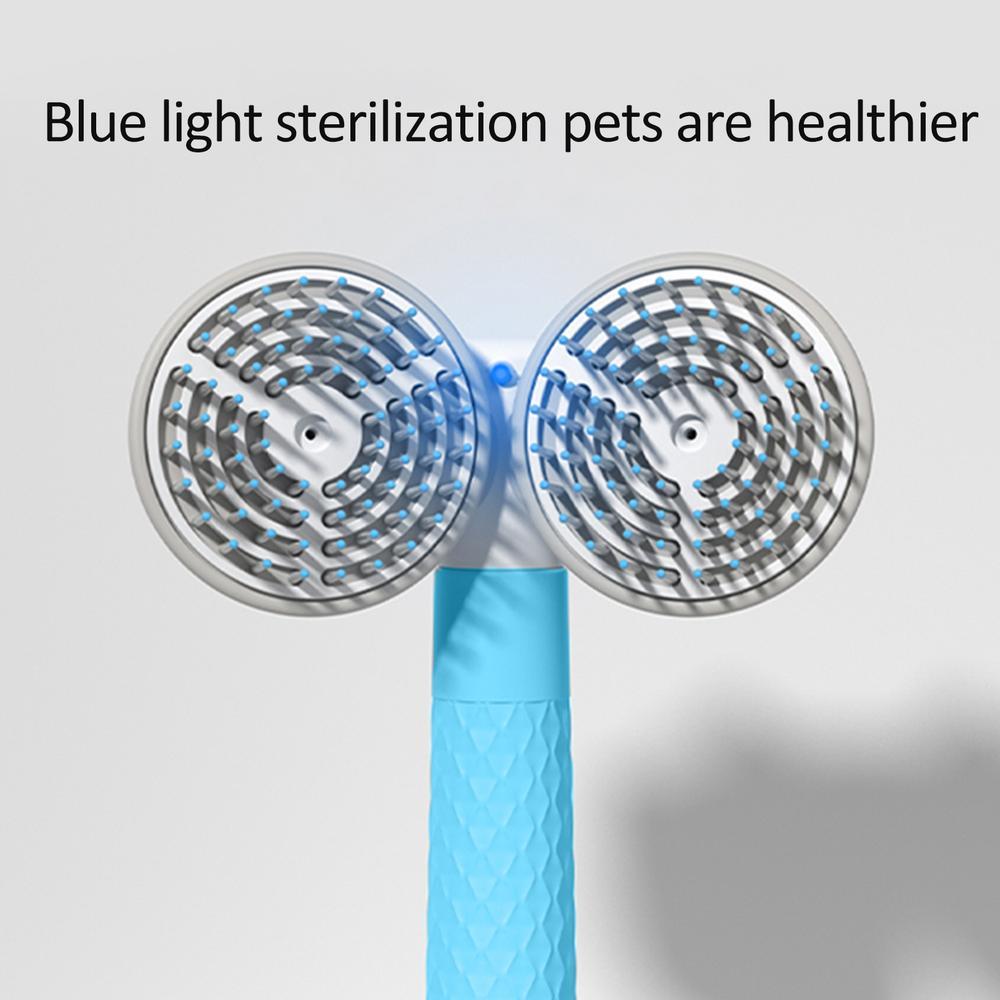 Double-headed pet grooming brush with blue light feature and stainless pin combs