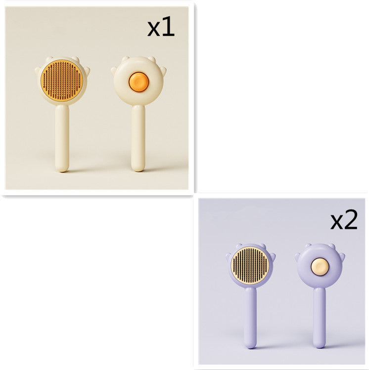 Pet grooming comb brushes with orange and purple pin pads, white cat-shaped handles