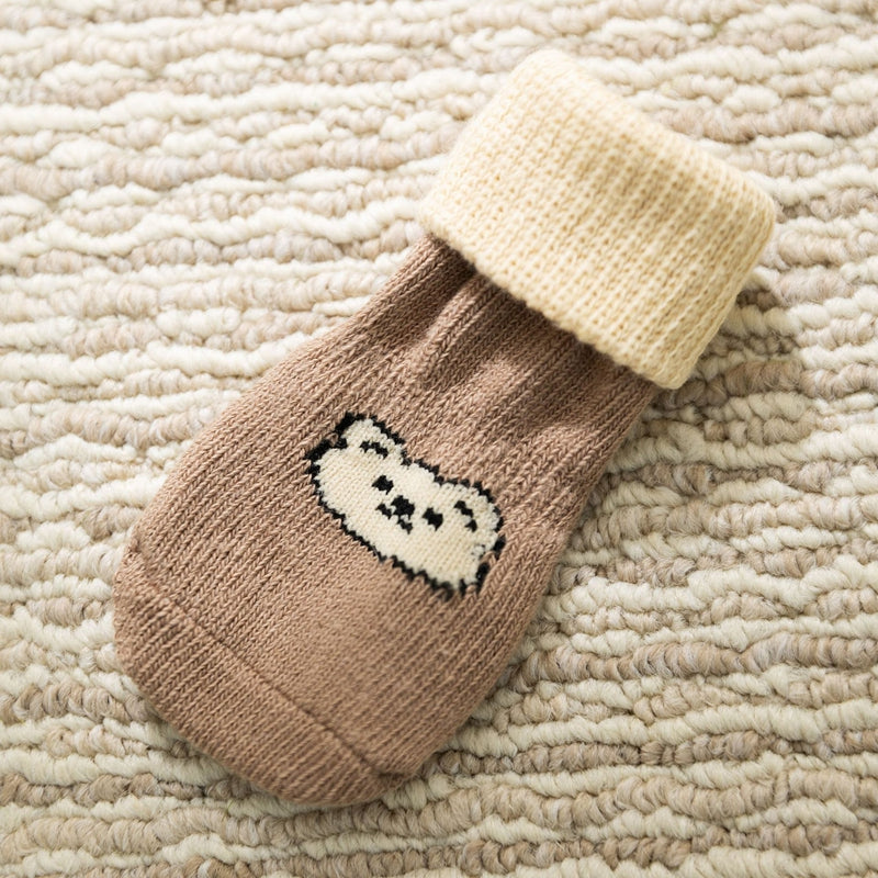 Dog socks pair in brown with a white bear knit patch and light cuff