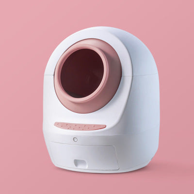 Automatic enclosed smart cat litter box with pink-rimmed circular entry opening