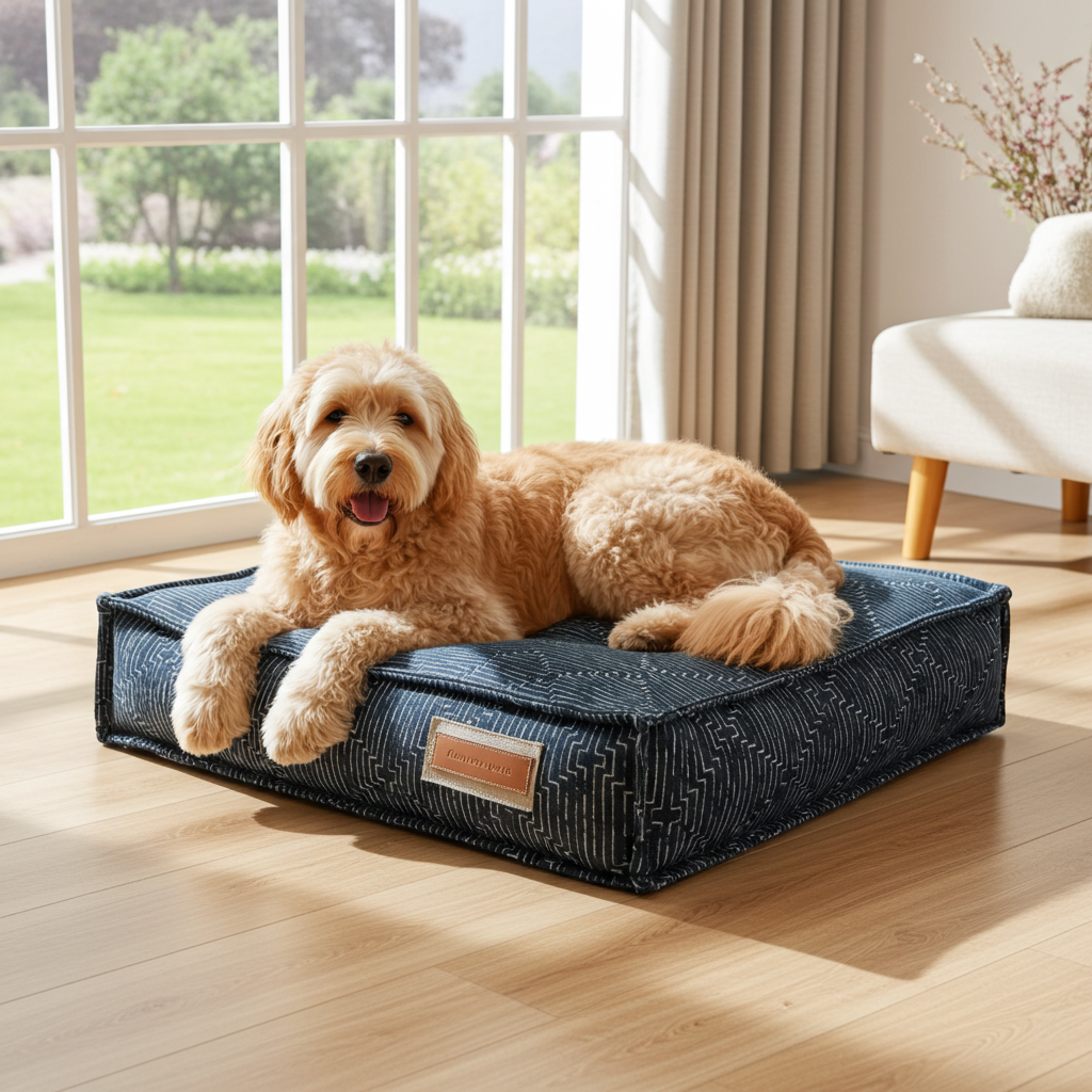 Pet lounger bed with dark blue geometric fabric bolster and tan logo patch