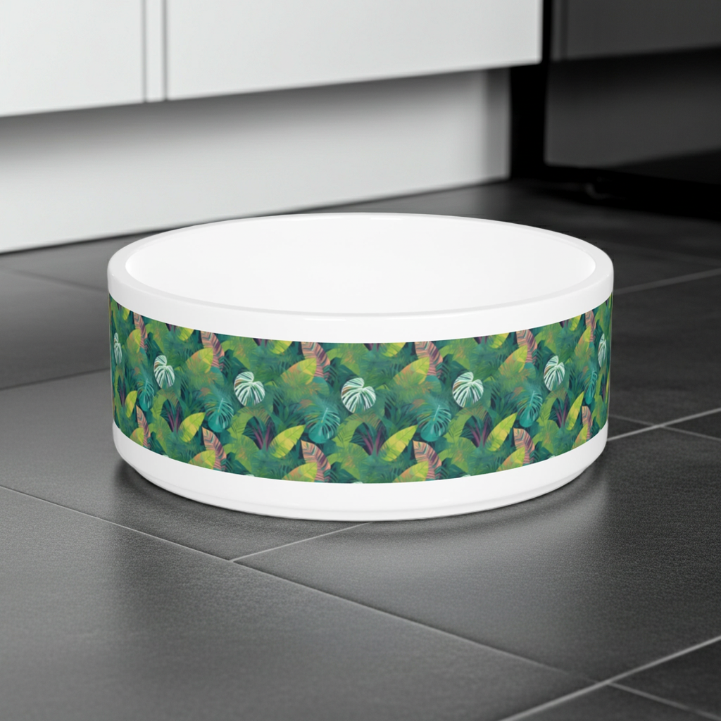 Emerald Canopy Tropical Leaves Pet Bowl — Ceramic, 16oz, Dishwasher-Safe