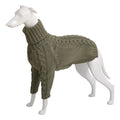Grayish green dog sweater with high ribbed collar and cable knit pattern
