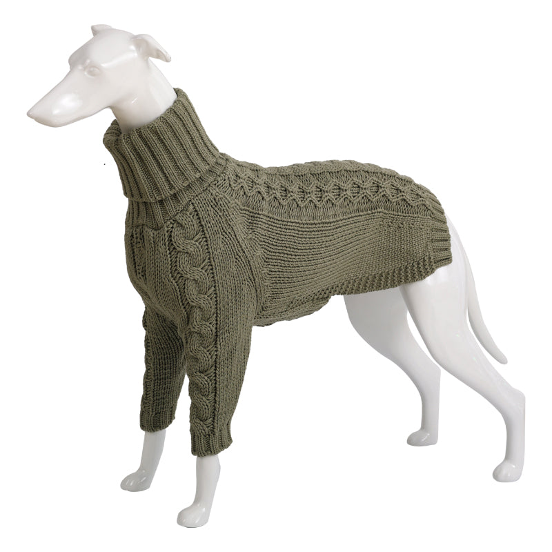 Grayish green dog sweater with high ribbed collar and cable knit pattern
