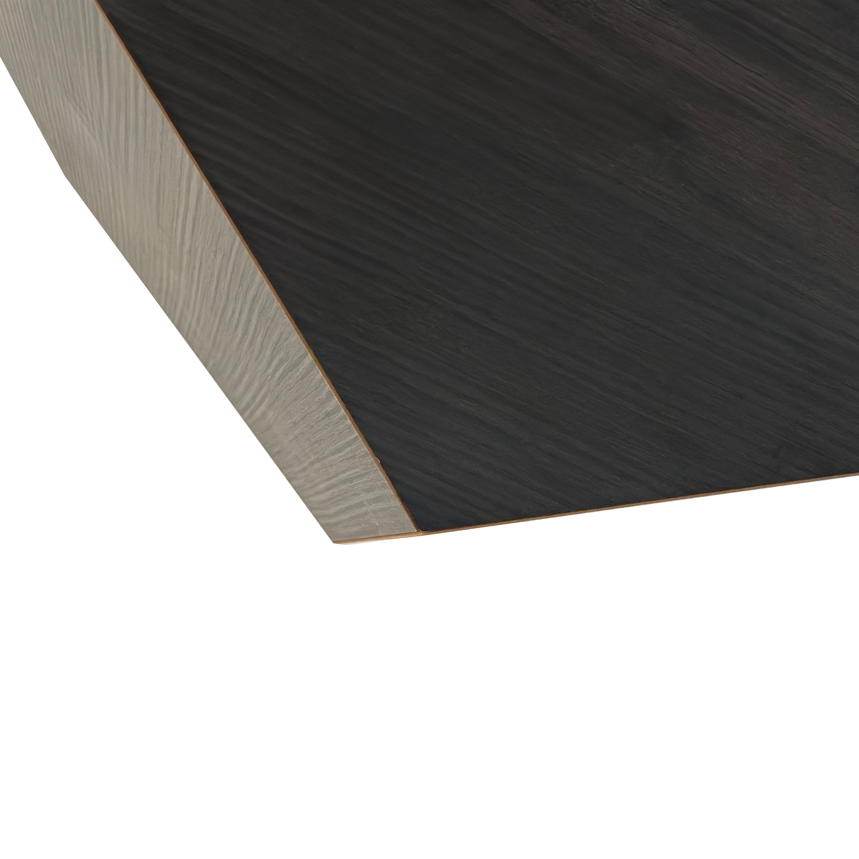 Close-up of hexagon MDF panel edge and wood-grain finish in dark gray