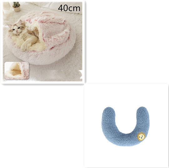 U-shaped plush pet cushion in blue with small smiley face patch
