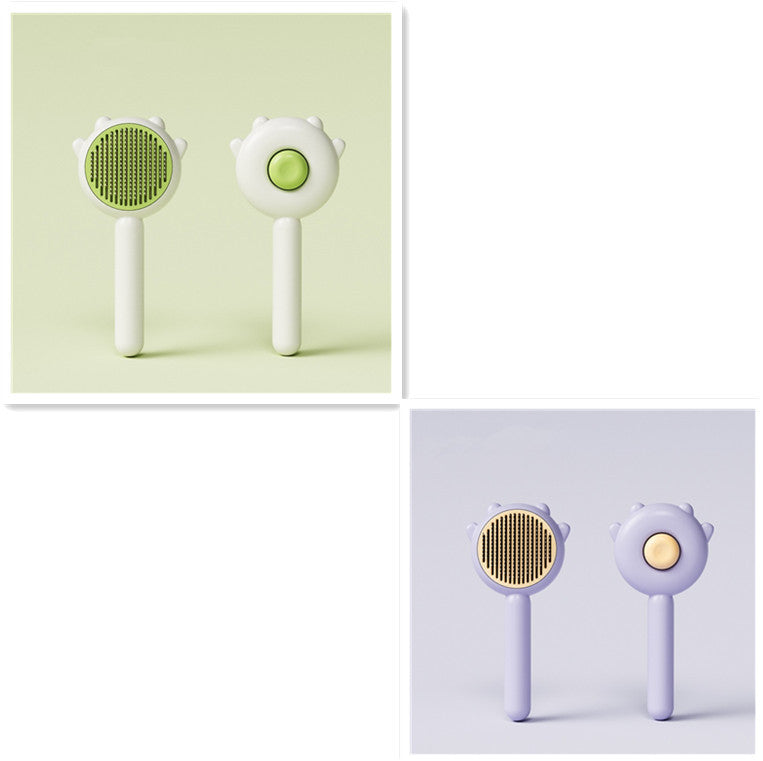Pet grooming comb brush set with green and purple round pin heads and white handles