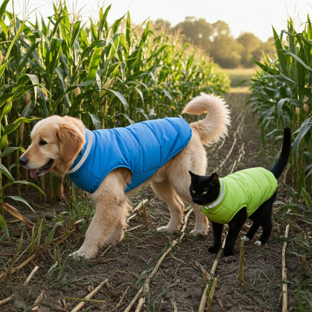 Blue reflective dog puffer vest with high collar and padded quilted body