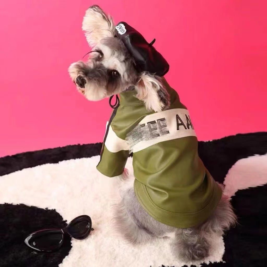 Pet motorcycle jacket coat in olive green with zip front and '520' patch
