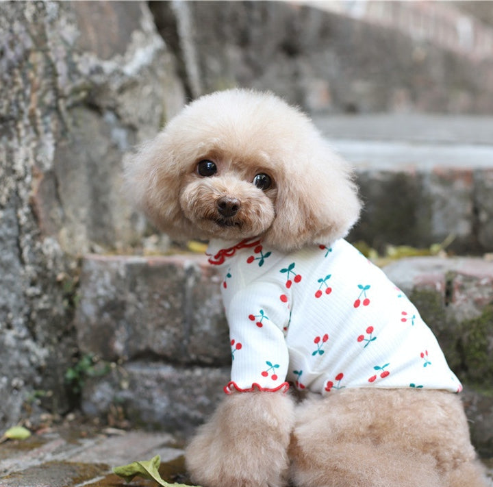 Dog top white with cherry print, red ruffled lapel and scalloped edge