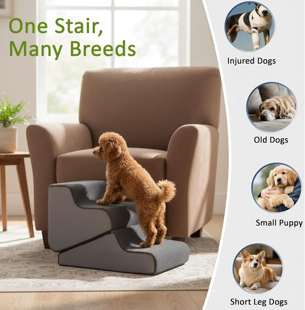 Gray dog ramp with non slip textured steps beside couch; brown dog standing on step