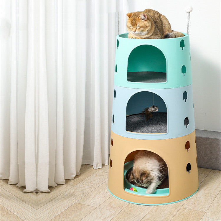 Cat multichamber cat tower with three arched levels, mint and beige; curled cat on top