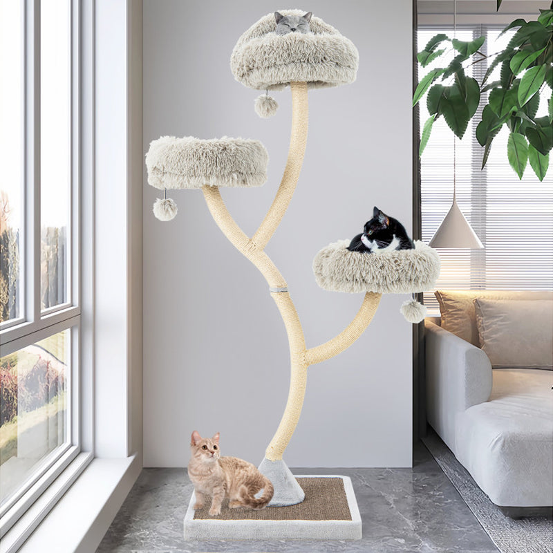 Gray plush top perch on a tall cat tree tower with curved sisal scratching posts