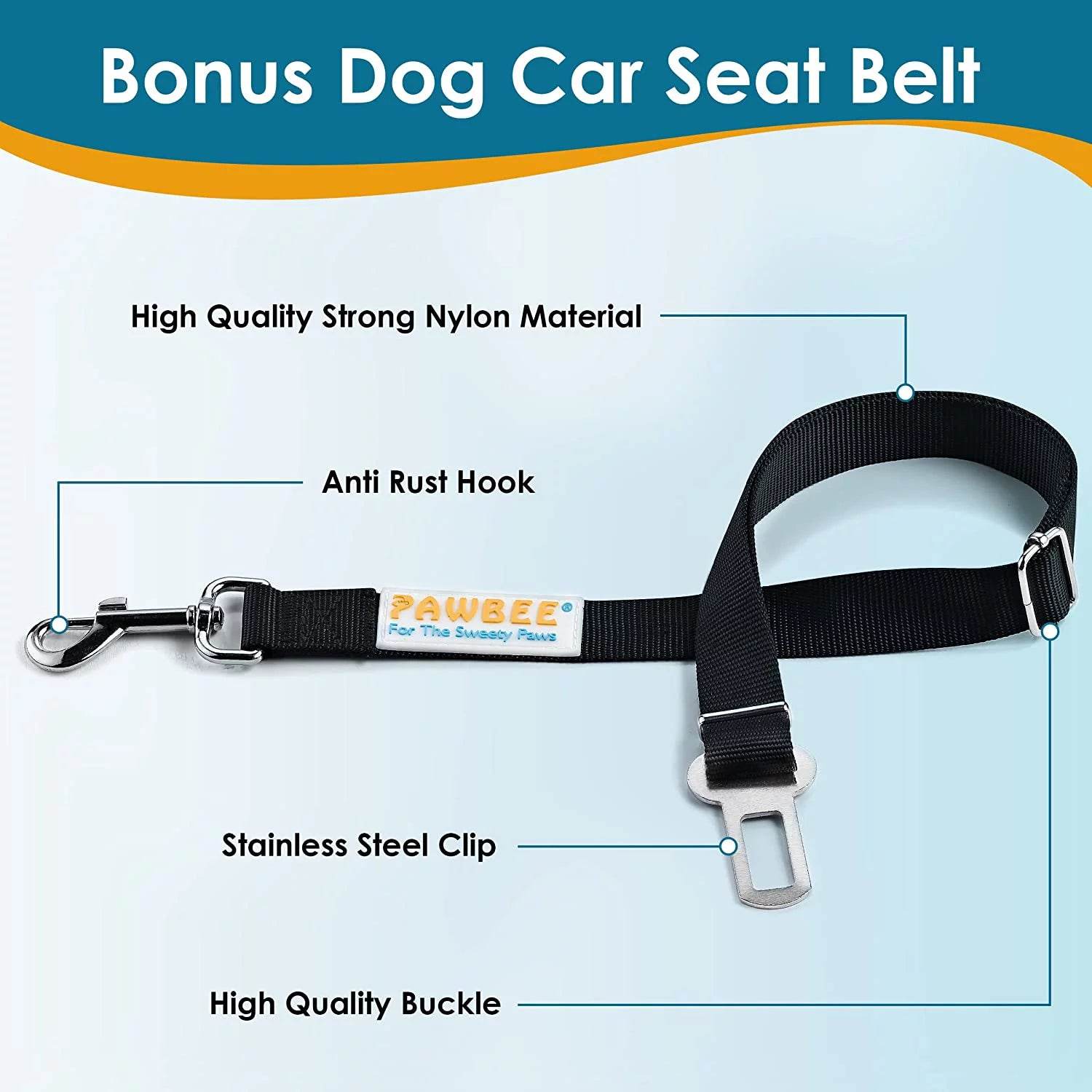 Bonus dog seat belt strap with metal clip and nylon webbing for car hammock use