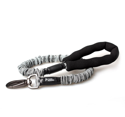 Dog leash with black padded handle and gray braided rope line, metal clip.