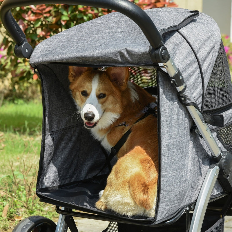 Pet stroller with gray canopy and black mesh window, pet resting inside