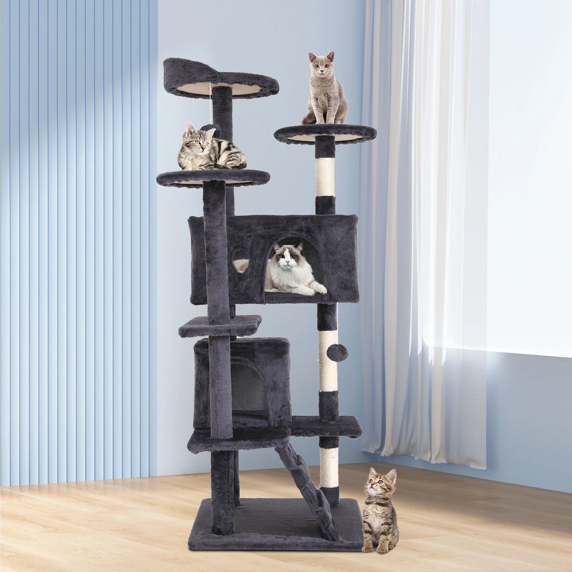Gray ashy double condo cat tree tower with top perches, cubby condo, and hanging ball toy
