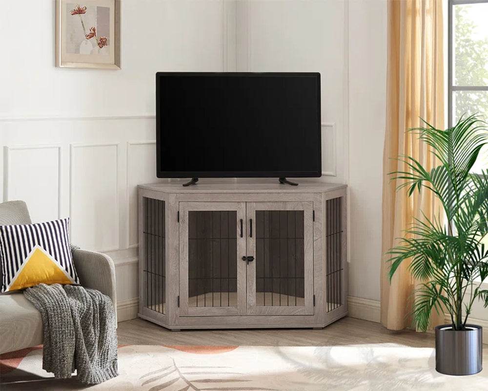 Corner dog crate with cushion in living room style, light wood with hinged front doors