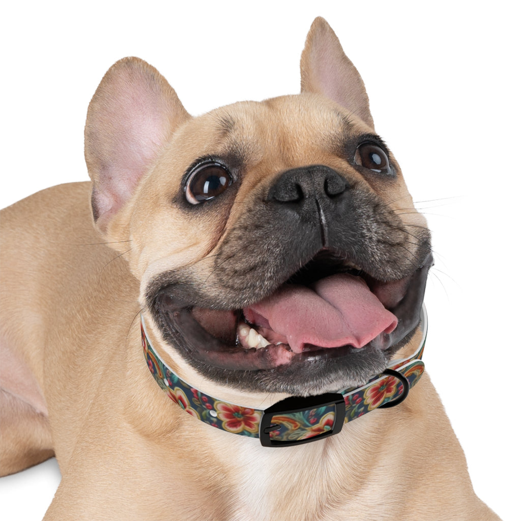 Crimson Blossoms on Teal Vintage Brocade Pet Collar — Waterproof TPU, 4 Buckle Finishes, S–XL