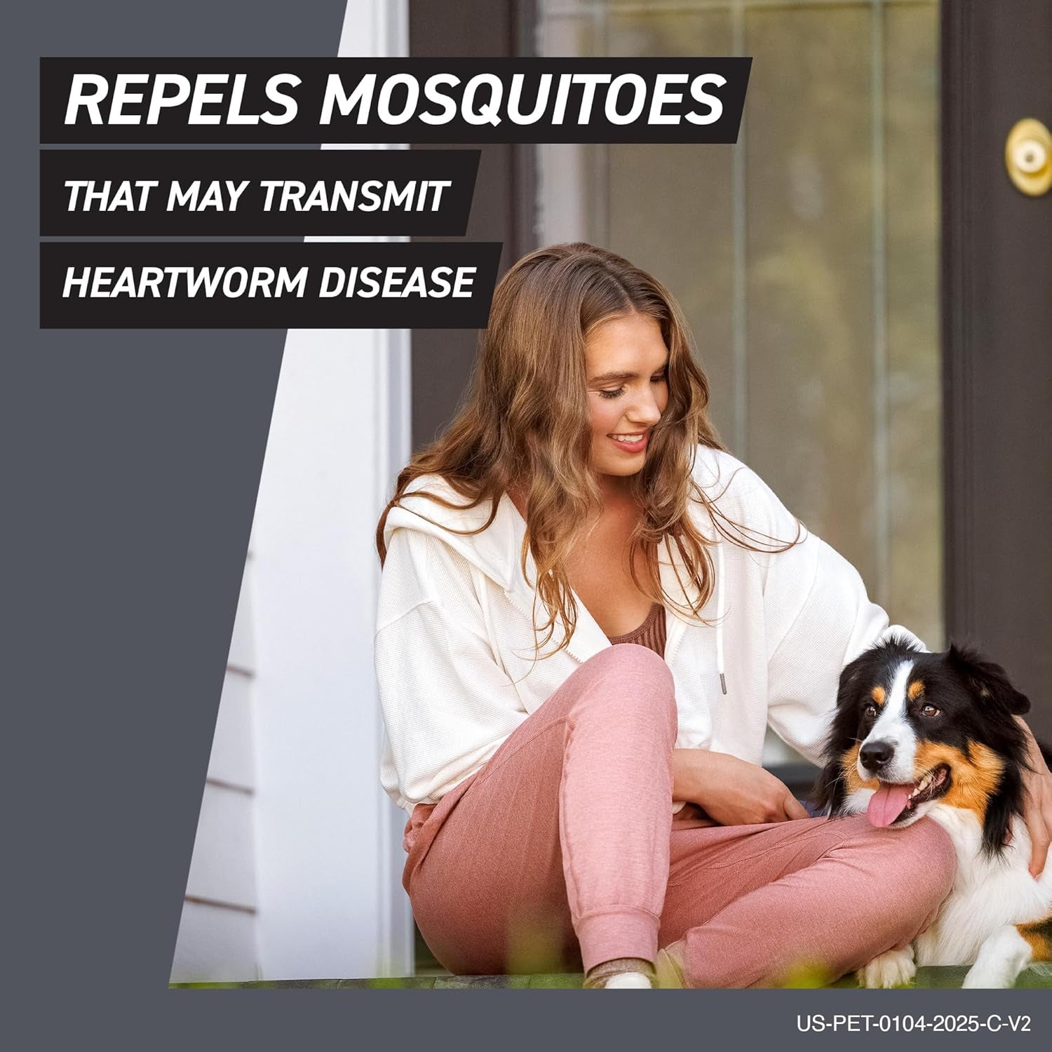 Repels mosquitoes that may transmit heartworm disease graphic with black-and-white dog