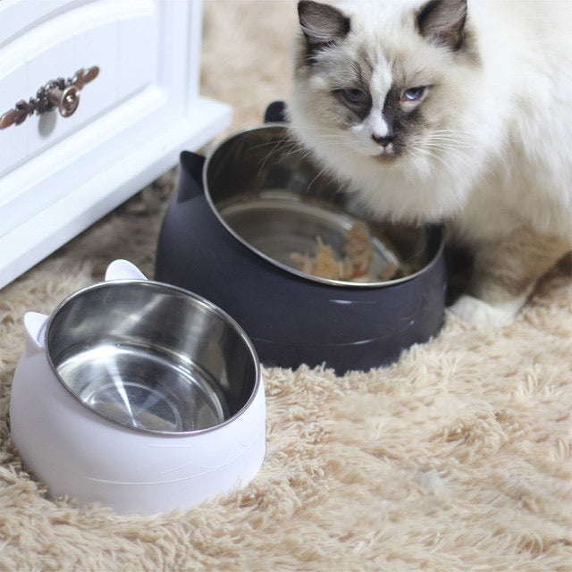 Pastel cat bowl set: black and white raised base with stainless steel inserts