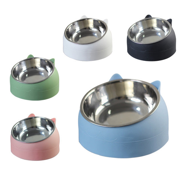 Assorted pastel cat bowls: blue, pink, green, white, black with stainless steel bowls