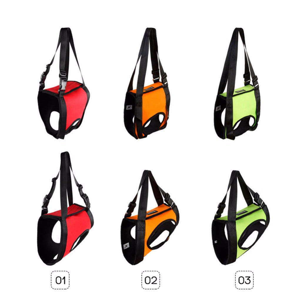 Dog lifting slings in red, orange, and green with black shoulder straps