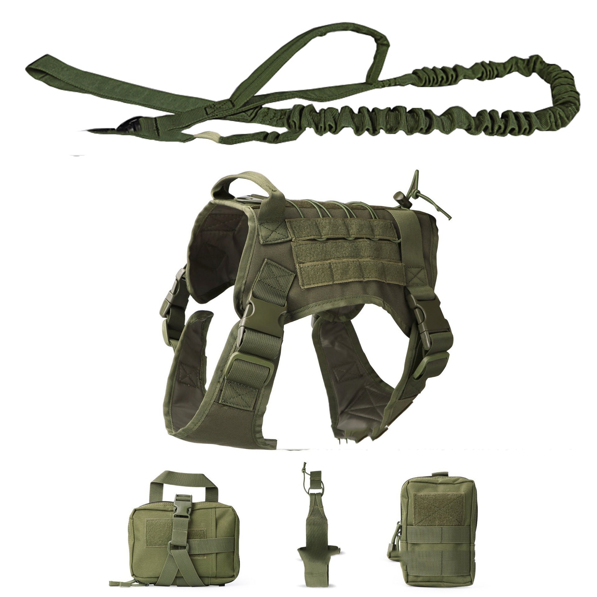 Dark green dog tactical harness with padded chest panel, front webbing harness, and straps
