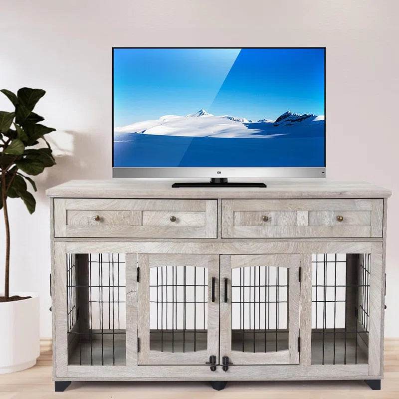 Distressed gray dog crate console with four barred openings and two drawers