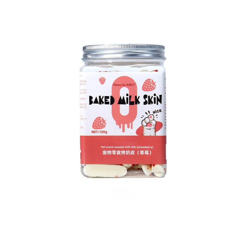Baked milk skin pet treat jar with white pieces, red label